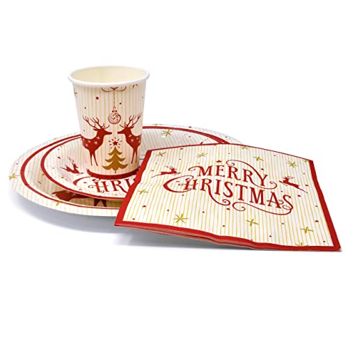 Merry Christmas Reindeer Party Supplies Tableware Set 24 9" Dinner Plates 24 7" Plate 24 9 Oz Cups 24 Lunch Napkin for Holiday Xmas Red & Gold Reindeers Tree Disposable Paper Dinnerware Decorations