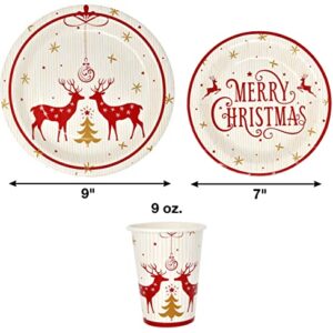 Merry Christmas Reindeer Party Supplies Tableware Set 24 9" Dinner Plates 24 7" Plate 24 9 Oz Cups 24 Lunch Napkin for Holiday Xmas Red & Gold Reindeers Tree Disposable Paper Dinnerware Decorations