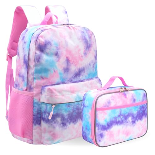 Fenrici Kids' Tie Dye Backpack with Lunch Box Set for Girls, School Bag with Laptop Compartment and Insulated Lunch Bag, Pink Tie Dye, Pink Trims