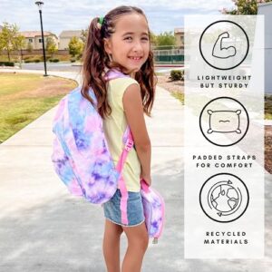 Fenrici Kids' Tie Dye Backpack with Lunch Box Set for Girls, School Bag with Laptop Compartment and Insulated Lunch Bag, Pink Tie Dye, Pink Trims