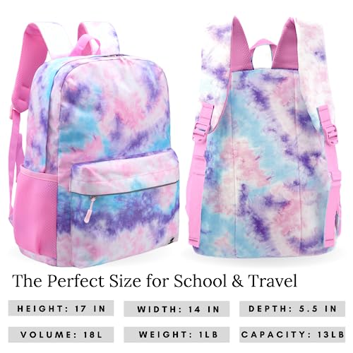 Fenrici Kids' Tie Dye Backpack with Lunch Box Set for Girls, School Bag with Laptop Compartment and Insulated Lunch Bag, Pink Tie Dye, Pink Trims