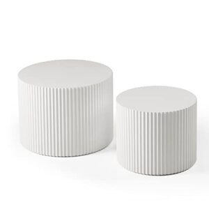 kevinplus White Round Nesting Coffee Table Set of 2 Modern Drum Side Table End Table for Living Room, Wood Circle Embossed Design Coffee Table Contemporary Living Room Table Set, Matte White