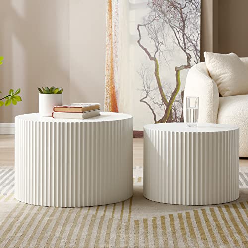 kevinplus White Round Nesting Coffee Table Set of 2 Modern Drum Side Table End Table for Living Room, Wood Circle Embossed Design Coffee Table Contemporary Living Room Table Set, Matte White