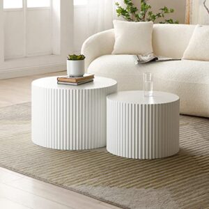 kevinplus White Round Nesting Coffee Table Set of 2 Modern Drum Side Table End Table for Living Room, Wood Circle Embossed Design Coffee Table Contemporary Living Room Table Set, Matte White