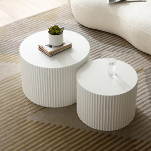 kevinplus White Round Nesting Coffee Table Set of 2 Modern Drum Side Table End Table for Living Room, Wood Circle Embossed Design Coffee Table Contemporary Living Room Table Set, Matte White