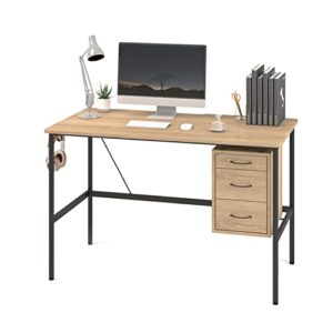 linsy home office desk with cabinet, computer desk 47 inch with 3 drawers storage, writing desk study table with monitor stand groove for home office