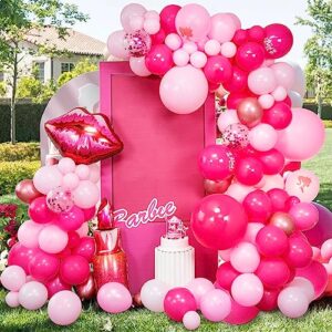 SANERYI Pink Balloon Garland Arch Kit 147pcs for Girls Birthday Party Supplies Set Red Lips and Lipstick Foil Mylar Kiss Balloons for Makeup Valentines Wedding Backdrop Decor