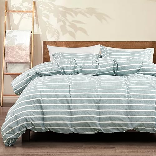 PHF Striped Duvet Cover Queen Size, Green Pre-Washed Soft Bedding Set for All Season, 1 Elegant Classic Striped Pattern Comforter Cover with 2 Pillowcases, 3PCS, 90" x 90"