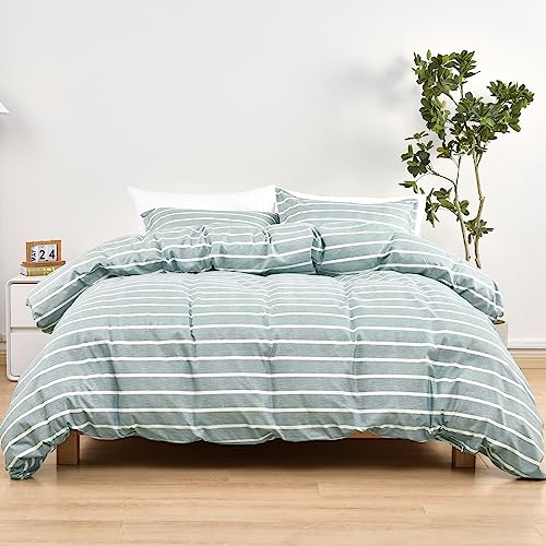 PHF Striped Duvet Cover Queen Size, Green Pre-Washed Soft Bedding Set for All Season, 1 Elegant Classic Striped Pattern Comforter Cover with 2 Pillowcases, 3PCS, 90" x 90"