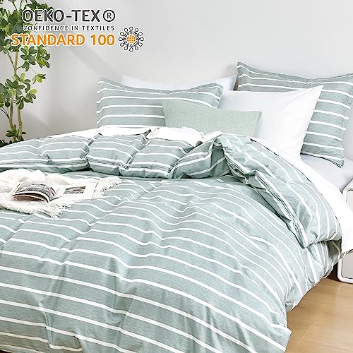 PHF Striped Duvet Cover Queen Size, Green Pre-Washed Soft Bedding Set for All Season, 1 Elegant Classic Striped Pattern Comforter Cover with 2 Pillowcases, 3PCS, 90" x 90"