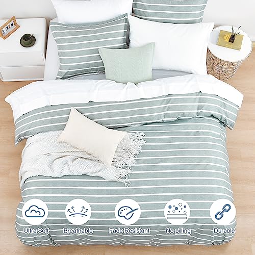 PHF Striped Duvet Cover Queen Size, Green Pre-Washed Soft Bedding Set for All Season, 1 Elegant Classic Striped Pattern Comforter Cover with 2 Pillowcases, 3PCS, 90" x 90"