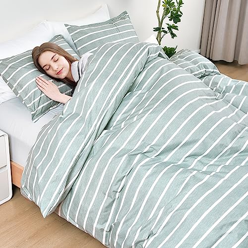 PHF Striped Duvet Cover Queen Size, Green Pre-Washed Soft Bedding Set for All Season, 1 Elegant Classic Striped Pattern Comforter Cover with 2 Pillowcases, 3PCS, 90" x 90"