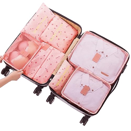 Fxkoolr Packing Cubes for Suitcases - 7 Pieces,Light Packing Cubes for Travel, Suitcase Organizer Bags Set, Luggage Organizers for Suitcase, Water-Resistant Travel Essentials, Pink Cherry