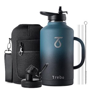trebo 64 oz water bottle insulated with handle, half gallon stainless steel metal large jug,travel flask with straw spout lid,mug tumbler cup with carry pouch,keep cold hot, indigo black
