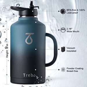 Trebo 64 oz Water Bottle Insulated with Handle, Half Gallon Stainless Steel Metal Large Jug,Travel Flask with Straw Spout Lid,Mug Tumbler Cup with Carry Pouch,Keep Cold Hot, Indigo Black