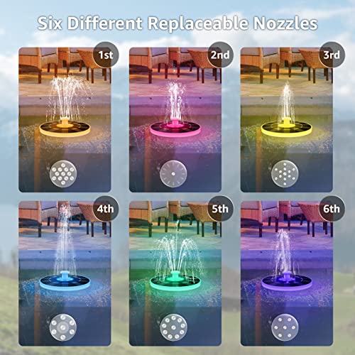 Solar Fountain with Lights for Night Up LED Solar Bird Bath Fountains for Outdoors Small Solar Power Water Fountain with 6 Nozzles RGB Color for Pool Pond