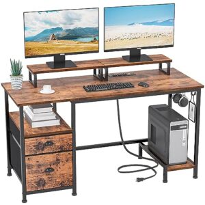 furologee computer desk with drawer and power outlets, 47" office desk with 2 monitor stands and fabric file cabinet, writing gaming table with shelves and 2 hooks for home office, rustic brown