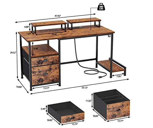 Furologee Computer Desk with Drawer and Power Outlets, 47" Office Desk with 2 Monitor Stands and Fabric File Cabinet, Writing Gaming Table with Shelves and 2 Hooks for Home Office, Rustic Brown