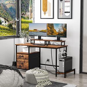 Furologee Computer Desk with Drawer and Power Outlets, 47" Office Desk with 2 Monitor Stands and Fabric File Cabinet, Writing Gaming Table with Shelves and 2 Hooks for Home Office, Rustic Brown