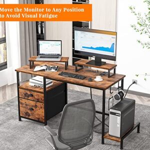 Furologee Computer Desk with Drawer and Power Outlets, 47" Office Desk with 2 Monitor Stands and Fabric File Cabinet, Writing Gaming Table with Shelves and 2 Hooks for Home Office, Rustic Brown