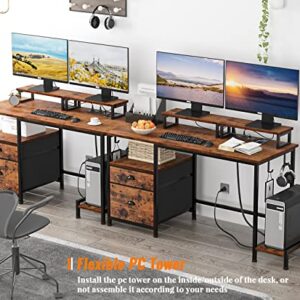 Furologee Computer Desk with Drawer and Power Outlets, 47" Office Desk with 2 Monitor Stands and Fabric File Cabinet, Writing Gaming Table with Shelves and 2 Hooks for Home Office, Rustic Brown