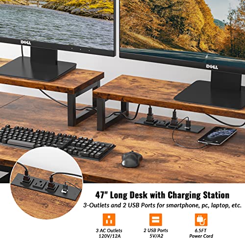 Furologee Computer Desk with Drawer and Power Outlets, 47" Office Desk with 2 Monitor Stands and Fabric File Cabinet, Writing Gaming Table with Shelves and 2 Hooks for Home Office, Rustic Brown