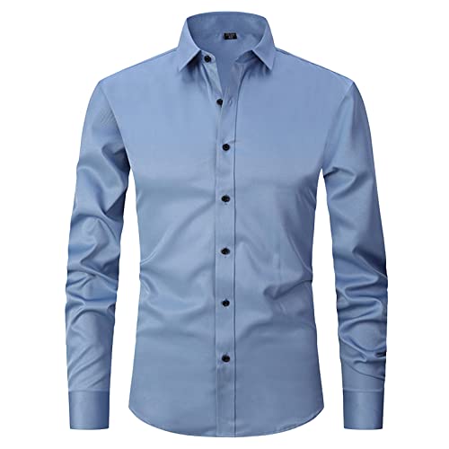 ATOFY Men's Long Sleeve Dress Shirt Regular Fit Casual Button-Down Solid Shirts(Blue, M)