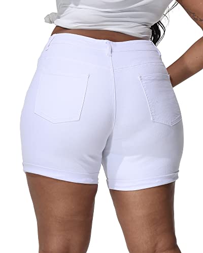 Gboomo Womens Plus Size White Jean Shorts Casual Denim Shorts High Waisted Fold Hem Short Jeans with Pockets 20W