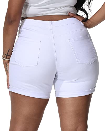 Gboomo Womens Plus Size White Jean Shorts Casual Denim Shorts High Waisted Fold Hem Short Jeans with Pockets 20W