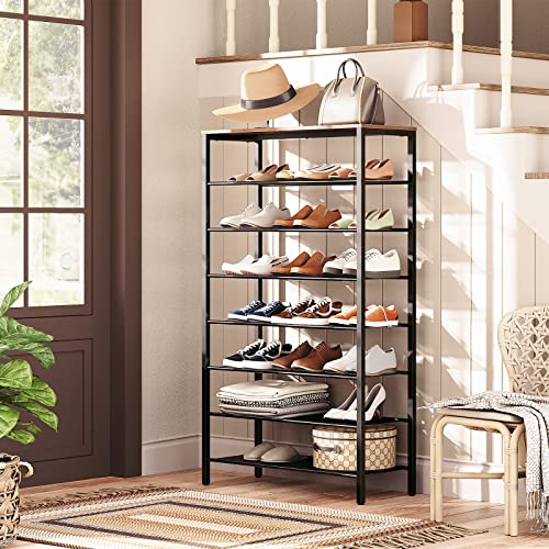 MAHANCRIS 8-Tier Shoe Rack, Large Capacity Shoe Shelf, Shoe Organizer for Closet, Entryway, 28-32 Pairs of Shoes, Stable Sturdy, Shoe Rack with Adjustable Metal Mesh Shelves, Rustic Brown SRHR1801Z