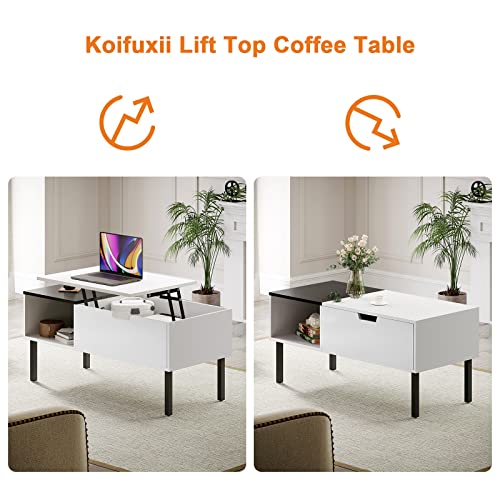 Koifuxii Coffee Table with Lift Top and Storage - White and Black Lift Top Coffee Tables for Living Room, Small Spaces - Lift up Coffee Table Wood, Metal Legs
