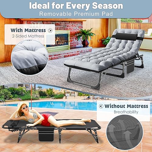 Slsy Sleeping Cots for Adults, 5-Position Folding Chaise Lounge Chairs Outdoor, Portable Folding Bed Cot Lounge Chair for Beach Lawn Camping Pool Sun Tanning