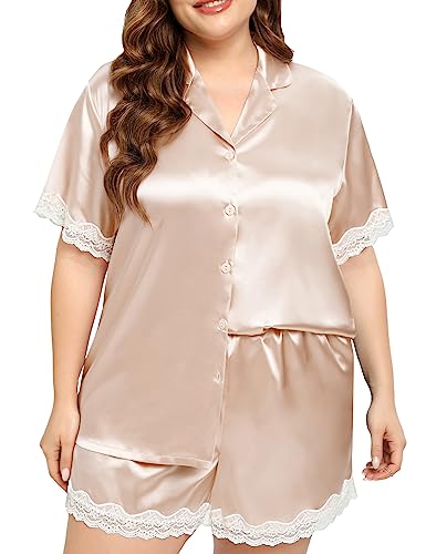 SWOMOG Satin Plus Size Pajama Women Short Sleeve Loungwear Two Piece Sleepwear Silk Satin Pajamas Set Comfy Pjs with Lace Trim Champagne