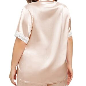 SWOMOG Satin Plus Size Pajama Women Short Sleeve Loungwear Two Piece Sleepwear Silk Satin Pajamas Set Comfy Pjs with Lace Trim Champagne