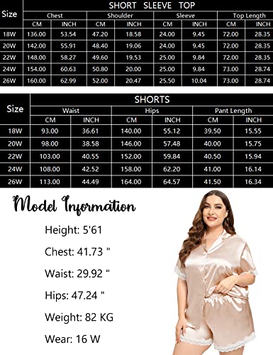 SWOMOG Satin Plus Size Pajama Women Short Sleeve Loungwear Two Piece Sleepwear Silk Satin Pajamas Set Comfy Pjs with Lace Trim Champagne