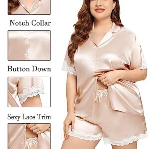 SWOMOG Satin Plus Size Pajama Women Short Sleeve Loungwear Two Piece Sleepwear Silk Satin Pajamas Set Comfy Pjs with Lace Trim Champagne