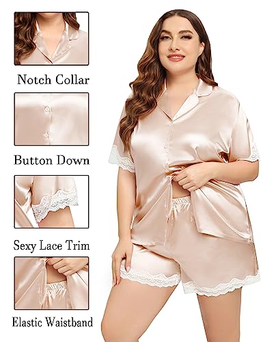 SWOMOG Satin Plus Size Pajama Women Short Sleeve Loungwear Two Piece Sleepwear Silk Satin Pajamas Set Comfy Pjs with Lace Trim Champagne