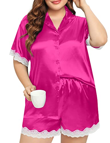 SWOMOG Plus Size Satin Pajama Set for Women Silk Satin Pj Set Short Sleeve Button Down Loungewear 2 Pcs Soft Lace Trim Nightwear Rose Red