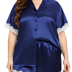 SWOMOG Women Plus Size Pajama Set Silk Satin Lounge Set Short Sleeve 2 Pcs Ladies Pj Sets Button Down Lace Trim Sleepwear with Shorts Navy Blue