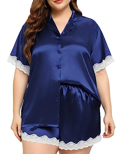 SWOMOG Women Plus Size Pajama Set Silk Satin Lounge Set Short Sleeve 2 Pcs Ladies Pj Sets Button Down Lace Trim Sleepwear with Shorts Navy Blue