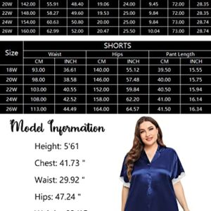 SWOMOG Women Plus Size Pajama Set Silk Satin Lounge Set Short Sleeve 2 Pcs Ladies Pj Sets Button Down Lace Trim Sleepwear with Shorts Navy Blue