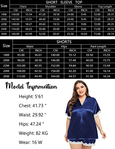 SWOMOG Women Plus Size Pajama Set Silk Satin Lounge Set Short Sleeve 2 Pcs Ladies Pj Sets Button Down Lace Trim Sleepwear with Shorts Navy Blue