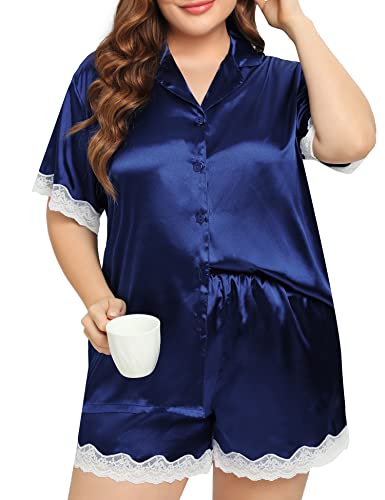 SWOMOG Women Plus Size Pajama Set Silk Satin Lounge Set Short Sleeve 2 Pcs Ladies Pj Sets Button Down Lace Trim Sleepwear with Shorts Navy Blue