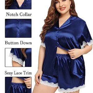 SWOMOG Women Plus Size Pajama Set Silk Satin Lounge Set Short Sleeve 2 Pcs Ladies Pj Sets Button Down Lace Trim Sleepwear with Shorts Navy Blue