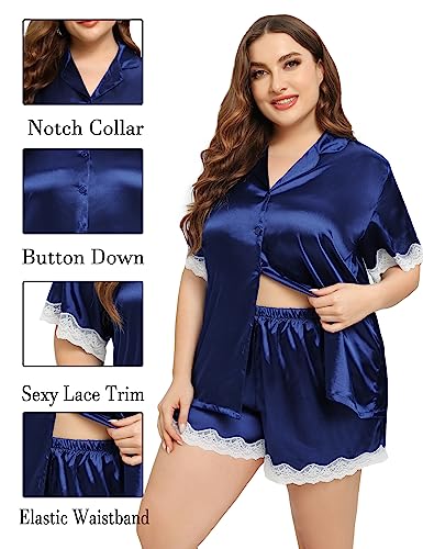 SWOMOG Women Plus Size Pajama Set Silk Satin Lounge Set Short Sleeve 2 Pcs Ladies Pj Sets Button Down Lace Trim Sleepwear with Shorts Navy Blue