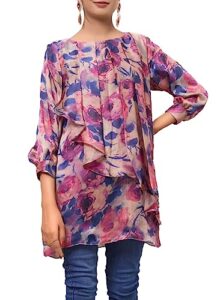 ishdeena indian kurti tops for women: boho and peasant blouses, loose fit tunic tops, silky soft for office or travel (medium/pink)