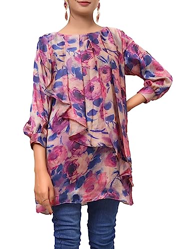 IshDeena Indian Kurti Tops for Women: Boho and Peasant Blouses, Loose Fit Tunic Tops, Silky Soft for Office or Travel (Medium/Pink)