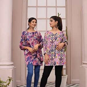 IshDeena Indian Kurti Tops for Women: Boho and Peasant Blouses, Loose Fit Tunic Tops, Silky Soft for Office or Travel (Medium/Pink)