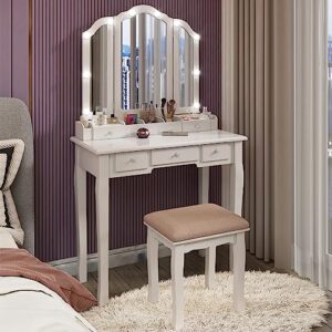 Longtesun Makeup Vanity Set Teen Vantity Set White Vanity Desk with Mirror and Lights Vanity Table with Lights Makeup Vanity with Lights Vanity Mirror with Lights Desk and Chair Makeup Vanity Table