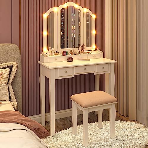 Longtesun Makeup Vanity Set Teen Vantity Set White Vanity Desk with Mirror and Lights Vanity Table with Lights Makeup Vanity with Lights Vanity Mirror with Lights Desk and Chair Makeup Vanity Table